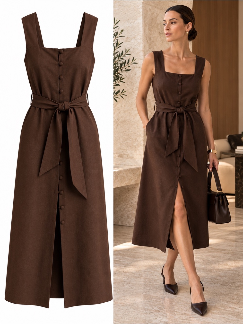 Massimo Dutti Brown Linen Blend Button Front Belted Midi Dress Size 8